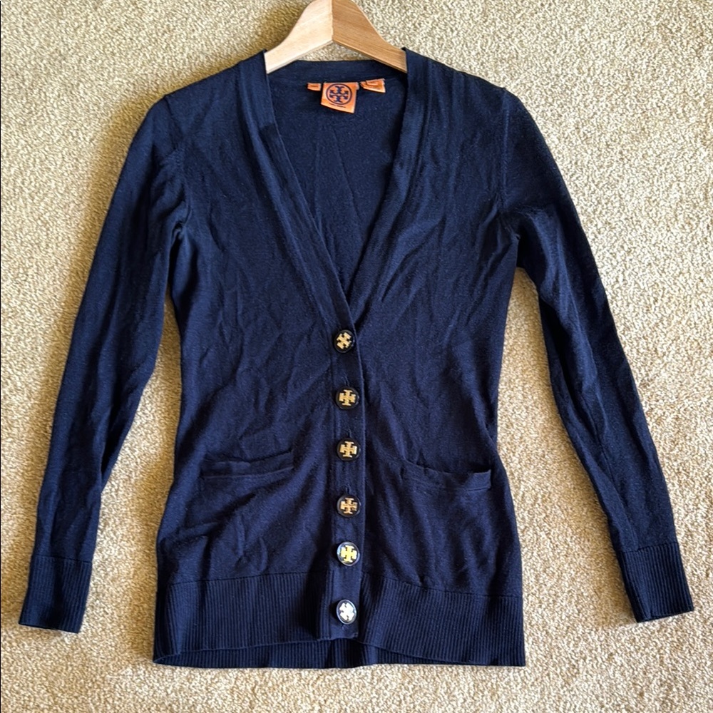 Tory Burch Women's Navy Blue Wool Cardigan - large gold buttons - Size XS